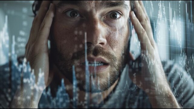 Man stress anxiety financial chart stock market worried face hands close up technology data business investment trading digital serious emotion concentration frustration analysis graph screen male