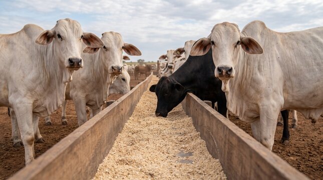 Touros Nelore de elite alimentando-se em cocho de madeira em fazenda brasileira. Pecu&aacute;ria de alta produtividade, foco em melhoramento gen&eacute;tico, qualidade premium, sustentabilidade e manejo rural.