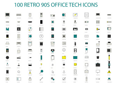 100 Retro 90s Office Tech Icons Premium Vector Graphic Asset Pack for Vintage Design