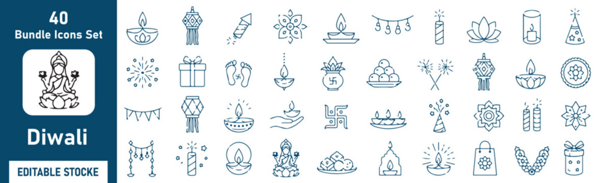 Diwali Festival Vector Outline Icons Set &ndash; Deepavali, Lakshmi Puja, Lights and Celebration Line Symbols Collection