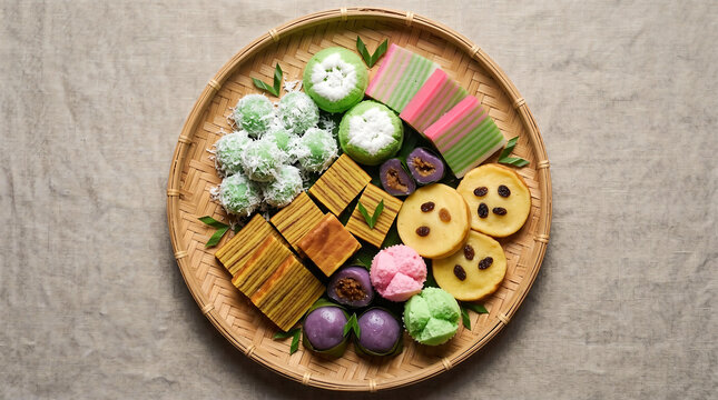 Assorted Indonesian Traditional Kue Jajanan Pasar Snacks on Woven Bamboo Tray
