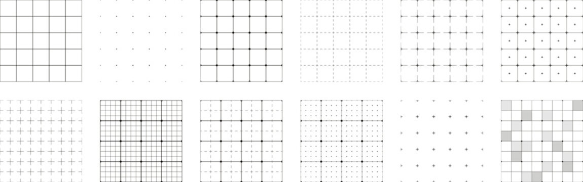 Notebook square grid background, seamless blueprint patterns with dots and dash lines. Technical graph texture, hud interface backdrop pattern, white paper sheet geometric grid backgrounds vector set