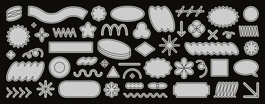 Abstract geometric shapes, linear forms and basic figures. Simple star and flower shapes, wavy and curly lines, scallop and oval frames, modern minimal graphic design outline element vector set