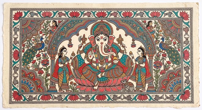 Madhubani Ganesha Painting With Consorts Riddhi Siddhi And Mouse Folk Art