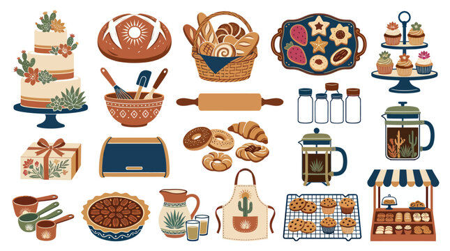 Flat Vector Illustration Set of Bakery Goods, Coffee Shop Items, and Baking Utensils Collection