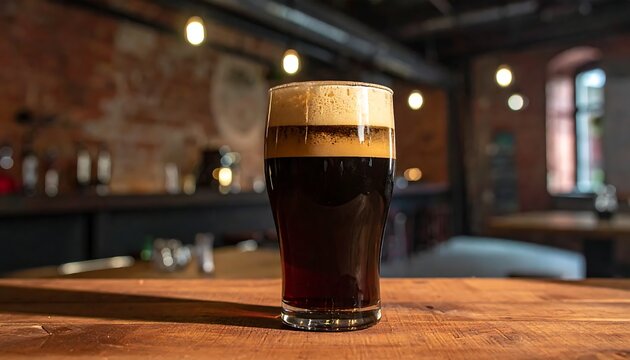 Dark Craft Beer Glass Standing on Wooden Table in Rustic Bar Interior