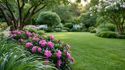 Obraz premium Peaceful garden lawn surrounded by blooming bushes and ornamental trees