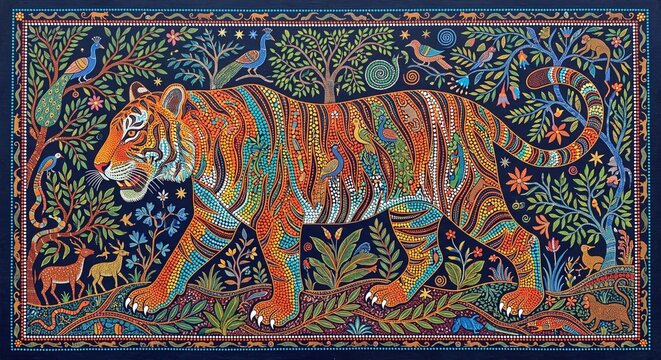 Gond Dot Art Tiger Walking Through Forest With Birds Deer And Trees