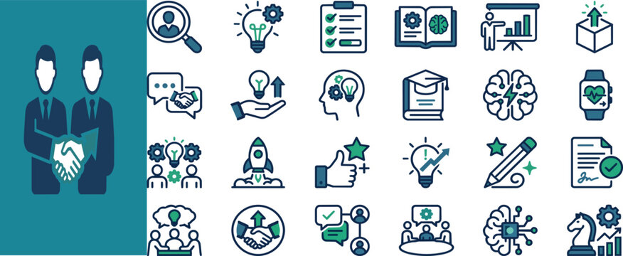 Professional business set of vector icons displaying various corporate strategy concepts and teamwork symbols created in a flat style on transparent background