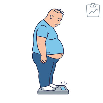 Sad overweight man standing on a scale showing weight gain, health problem, obesity concern, and unhealthy lifestyle