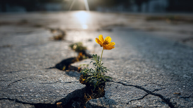 A single bright yellow wild flower sprouts from a deep crack in old concrete road. Concept of hope, resilience, power of life, rebirth, and overcoming obstacles.