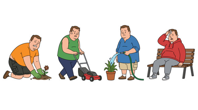 Overweight man doing different garden chores gardening, mowing lawn, watering plants, tired sitting on bench, hobbies and outdoor activities