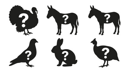 Obraz premium Set of silhouettes of farm animals and birds with question marks, conveying uncertainty or guessing game, graphic vector illustration