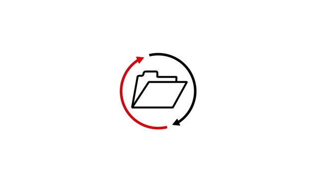 Minimalist folder icon animation with rotating black and red arrows, symbolizing file synchronization, data backup, and cloud storage processing on white background.Animation on a Stock Video.