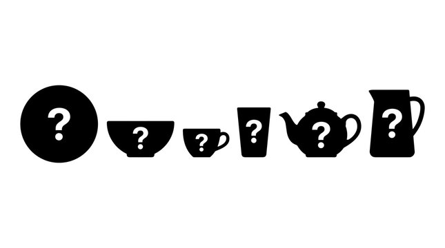 Set of black silhouette icons representing question marks within various tableware shapes, conveying uncertainty or inquiry