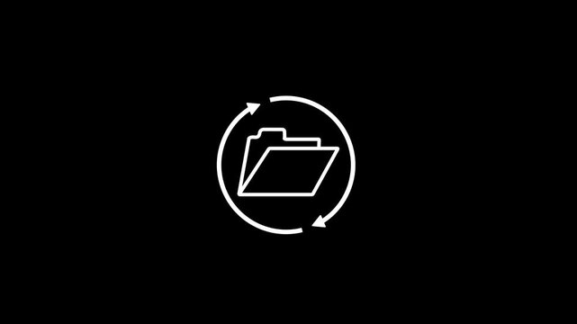 Minimalist white folder icon animation with rotating arrows, symbolizing file synchronization, data backup, and cloud storage processing on black background.Animation on a Stock Video.