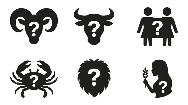Set of black question mark vector icons depicting zodiac signs including ram, bull, twins, crab, lion, and maiden, symbolizing unknown horoscopes or