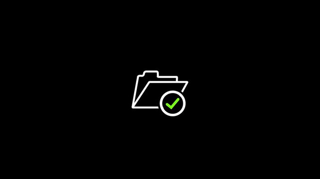 Minimalist white folder icon animation with a green checkmark, symbolizing successful file completion, verified data storage, and task approval on black background.4K Animation Stock Video.