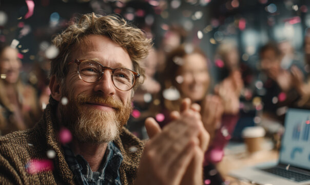 A bearded man with glasses, illuminated by falling confetti, smiles warmly as he claps his hands in a moment of shared joy and celebration.