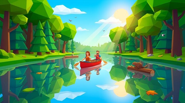 People paddling a red canoe on a river through a vibrant 3D vector forest landscape