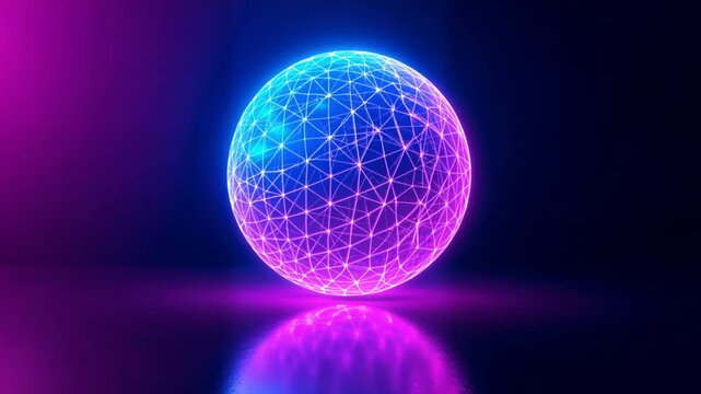 Abstract technology background with a glowing neon sphere levitating over a reflective surface