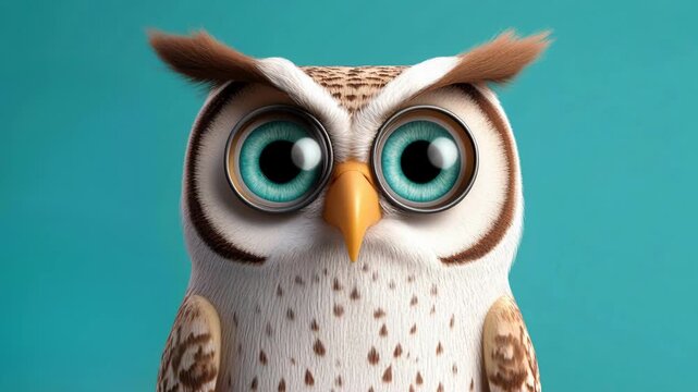 Adorable animated owl cartoon character with big eyes making different facial expressions on a blue background