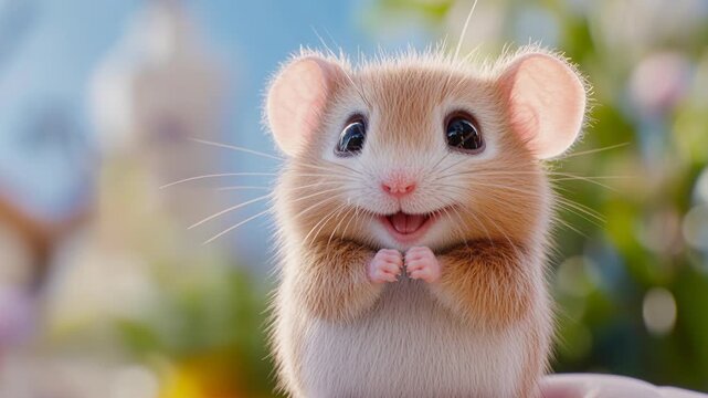 Cute animated mouse cartoon character with big eyes and a cheerful smile in a sunny, idyllic setting