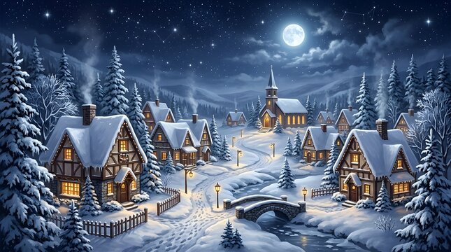 Snowy village at night with lit houses and church
