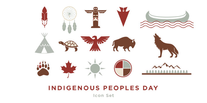 Indigenous Peoples Day Native Culture Icon Set Flat Vector &mdash; Feather Dream Catcher Totem Arrow Tipi Turtle Thunderbird Bison Bear Paw Maple Sun Medicine Wheel Canoe Wolf, Earth Tone Brown Rust 
