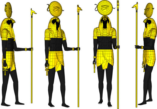 Historical 3D reconstruction of Ra-Horakhty deity depicting a falcon-headed ancient Egyptian sun god with a protective Uraeus solar disk, sacred Ankh amulet, and traditional sceptre