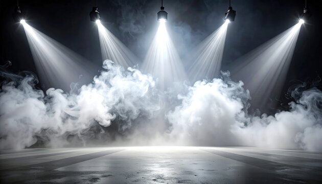 Stage Spotlight Beams Illuminating Smoke and Fog on Dark Background