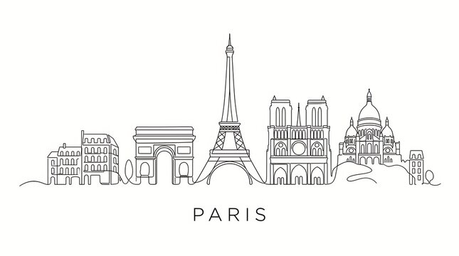 Minimalist continuous line art drawing of the Paris skyline featuring famous landmarks on a white background