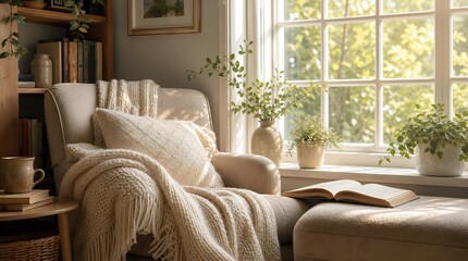 Fototapeta premium A sunlit reading corner with a cushioned armchair, chunky knit throw, open book, ceramic mug, and potted plants suits home decor or wellness themes.