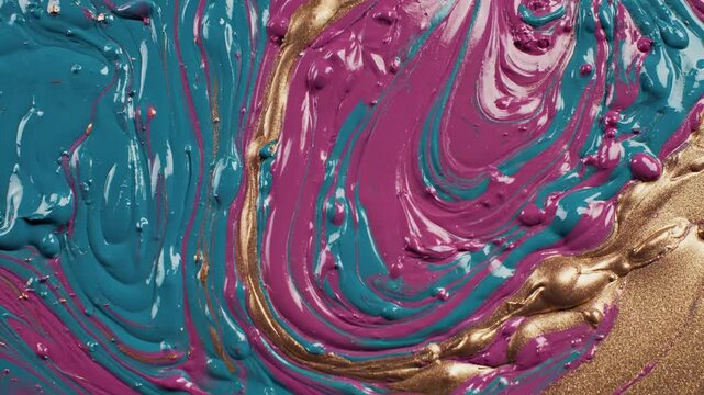 Abstract Swirls of Thick Liquid Paint in Magenta Blue and Gold Metallic Textures Mixing in Macro Close-up Background for Artistic Design and Creative Concept