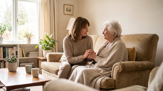 Caring daughter holds her elderly mother's hands offering comfort and support