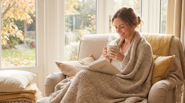 Woman Cozy Reading Gratitude Journal Holding Warm Drink by Window Autumn