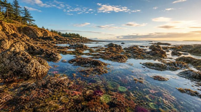 Rocky Pacific tide pools with sea anemones, kelp, evergreens, and golden sunset light create a serene coastal scene for travel or nature marketing.