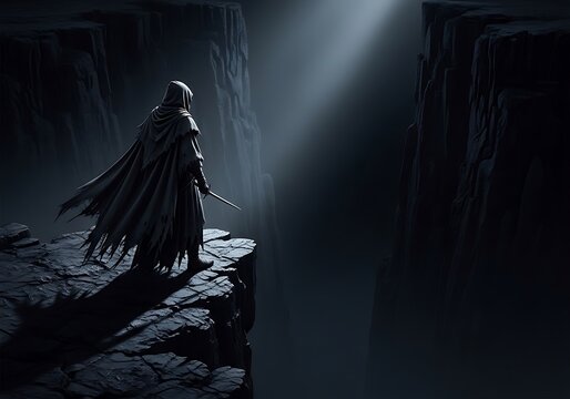 A lone robed figure with a sword stands on a rocky cliff edge in a dark canyon with a beam of light illuminating the scene