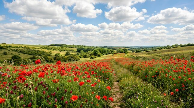 Red poppies and wildflowers line a narrow path through rolling green countryside under a blue cloudy sky, suited to nature, travel, and rural tourism campaigns.