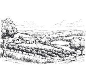 Obraz premium Brazilian coffee, panorama of a coffee plantation, hills, houses on the horizon. Digital illustration. Graphic pencil drawing, minimalism. Coffee trees, sunlight, isolated on a white background