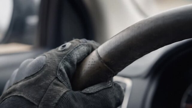 Close-up of a hand in a black tactical glove gripping a steering wheel while driving.