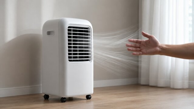 Portable Air Conditioner Blowing Cool Air While Hand Checks Airflow in Modern Home Interior During Summer