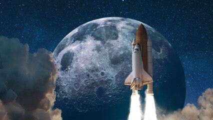 Fototapeta premium space shuttle rocket launching into deep space, flying past a massive detailed full moon and stars in the cosmic night sky. Rocket lift off