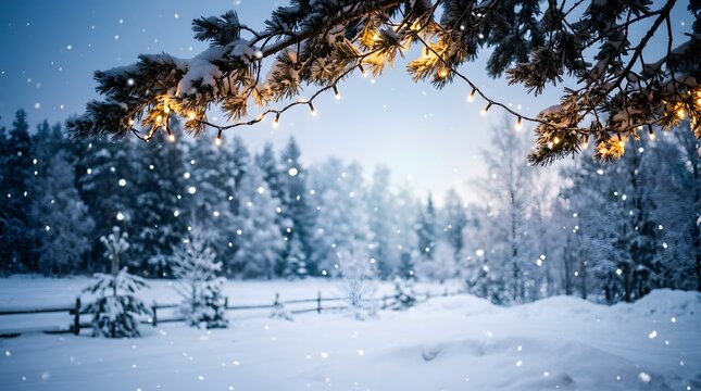 Snowy winter scene with illuminated pine branch and festive lights