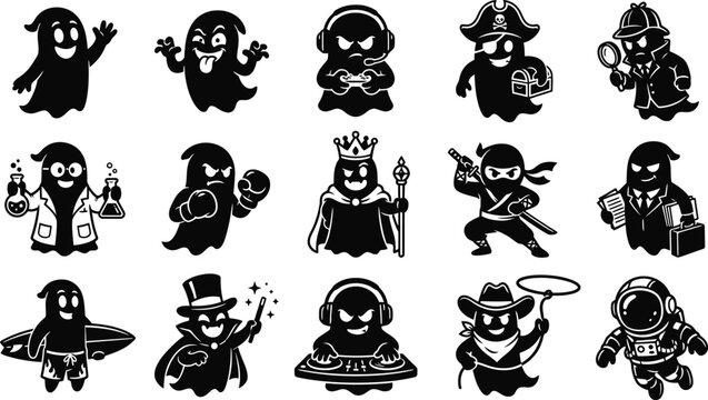 Silhouette of various cartoon ghosts in different professions and activities