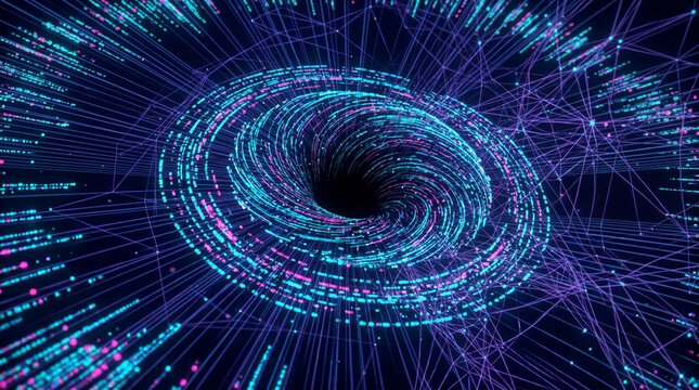 Swirling vortex of neon digital lines and glowing dots, symbolizing data, speed, and interconnectedness, representing abstract technology or virtual reality.