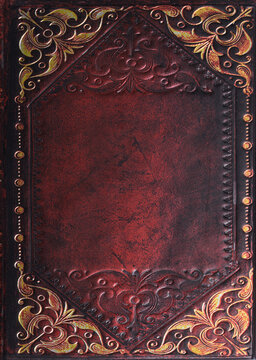 Vintage decorative book cover with ornate red and gold floral design