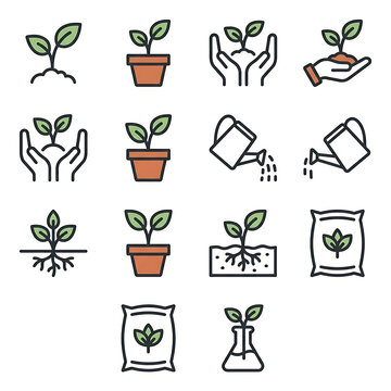 Gardening vector icon set showing plant sprouts, potted plants, watering cans, roots, and fertilizer on white background.