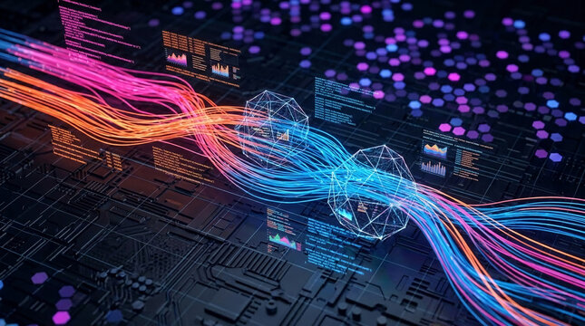 Digital circuit board with glowing neon data streams and geometric shapes, symbolizing data flow, technology, and network connections