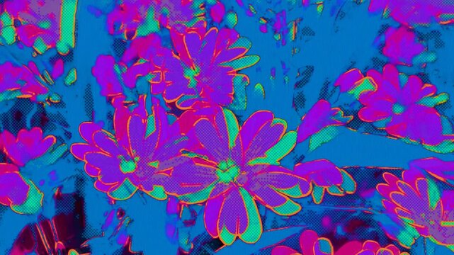 Abstract purple and blue neon floral glitch background with rgb split and scanline distortion flickering on a seamless loop. Anchors a psychedelic rave music video transition and edm festival flyer.